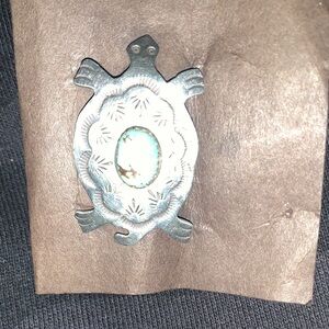 Sterling silver, tribal turtle brooch, with turquoise stone. Signed.